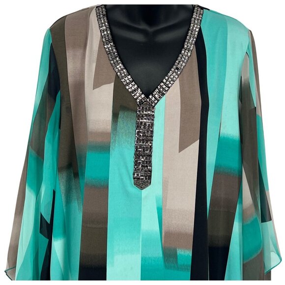 JM Collection Woman Teal Ombre Amor Mod Twist Tunic Top 3X V-Neck Beaded New - Picture 2 of 8